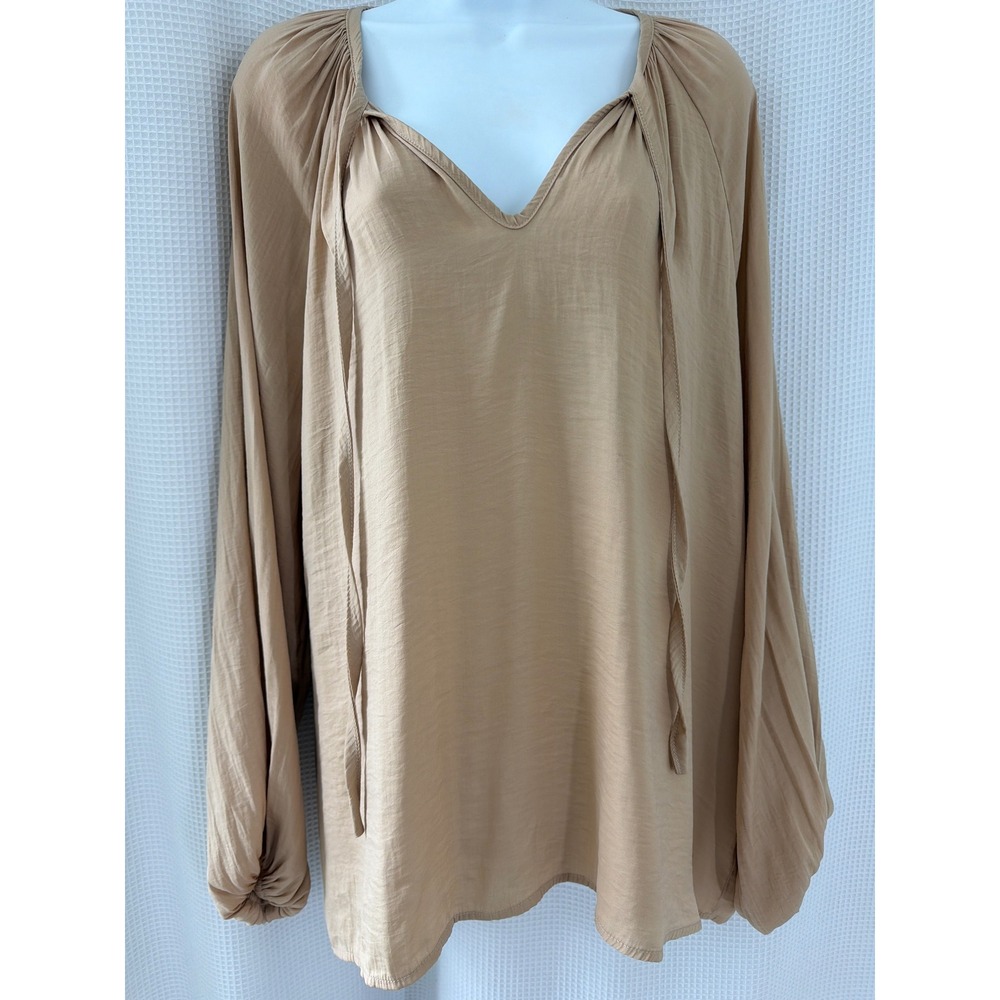 Boho Tan V-Neck Balloon Sleeve Peasant Blouse XL Camel Tie Front Flowy Top